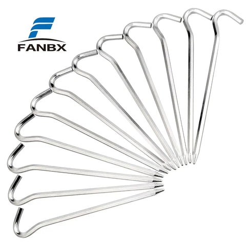 Heavy Duty Aluminum Tent Pegs Set, 12 Pack With Hooks, 7 Inch Hexagon Rod Stakes for Hard Ground in fan shape display