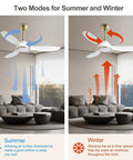 52 Inch Modern Ceiling Fan With Slick White And Gold Trim Hosting A Heavy Duty DC Motor That Pushes Sweet Cooling Airflow Quick While Delivering Zero Hassle Remote Operation Plus Soft Led Glow showing summer and winter airflow modes.