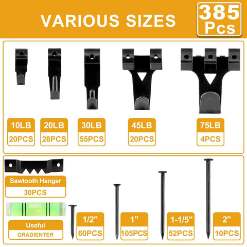 Top Notch 385 Piece Picture Hanging Kit For Walls with heavy duty hooks in various sizes displayed on organizer tray.