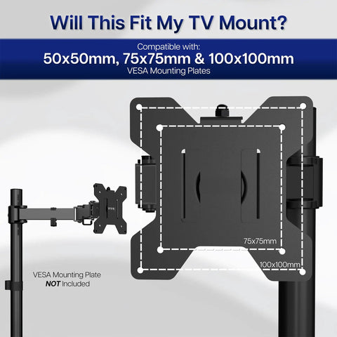 Built Tough VESA Adapter Bracket For TVs And Monitors Max 42 Inches highlighting compatible 50x50mm, 75x75mm, 100x100mm mounting plates.