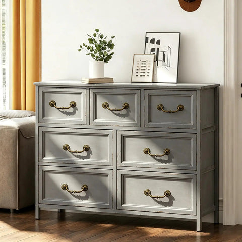 Old-School Brass Drop Bail Cabinet Pulls Set Of 8 on a shabby chic grey dresser in a living room, retro European style