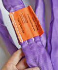 Close-up of Beefy Heavy Duty Round Slings For Aerial Lyra Hoop Rig And Aerial Silks, polyester, purple, with label.