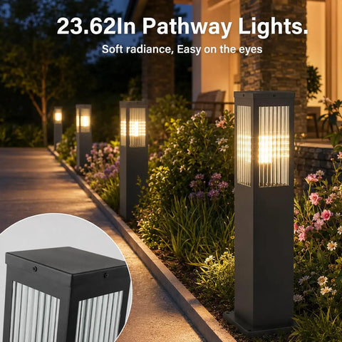 Slick Hardwired Outdoor Pathway Lights E26 Socket 23 Inch Tall in landscaped garden path, showcasing warm 3000K glow.