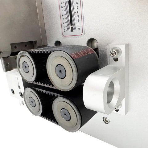 Heavy Duty Automatic Tube Cutter With Fast Stepper Motor And Dependable Belt Feed Cuts Pvc Silicone Heat Shrink Teflon Tubing showing precision belt feed system.