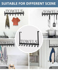 Over The Door Towel Rack With 8 Heavy Duty Hooks Wall Mount Option installed in various settings like living room, kitchen, bathroom, and bedroom
