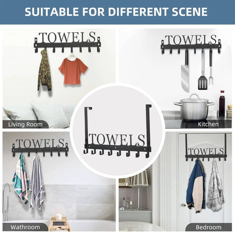 Over The Door Towel Rack With 8 Heavy Duty Hooks Wall Mount Option installed in various settings like living room, kitchen, bathroom, and bedroom