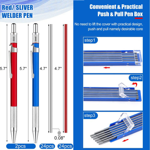 Welders Pencil Set For Pros With Two Pcs And 48 Round Refills, Illuminating Metal Marker For Tube And Pipe Fitting, Red And Silver Finish