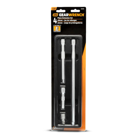 Four Piece Three Eighths Inch Drive Extension Set Includes One And A Half Inch, 3 Inch, 6 Inch And 12 Inch Extensions, Polished Chrome Finish With Knurled Nonslip Grip For Easy Access In Tight Spaces in packaging