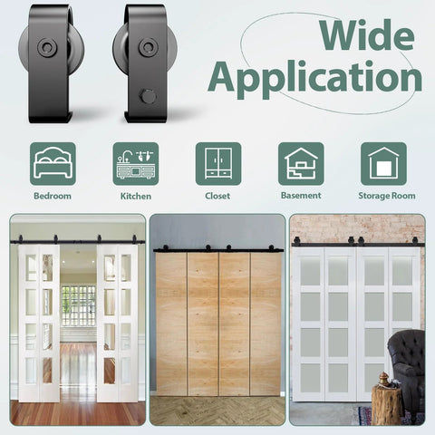 Bi-Folding Sliding Barn Door Hardware Track Kit 72 Inch For Four Doors In Black Finish, used in bedroom, kitchen, closet