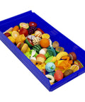 Heavy Duty Shelf Bins For Garage And Closet Organization, Built To Last Plastic Storage Bins Great For Drawers And Cabinets, 24 Inch By 11 Inch By 4 Inch, Blue, Set Of 6 For Versatile Under Sink And Shelf Storage containing colorful toy food items
