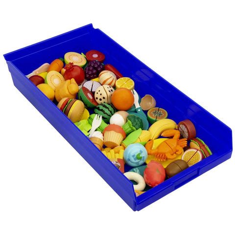 Heavy Duty Shelf Bins For Garage And Closet Organization, Built To Last Plastic Storage Bins Great For Drawers And Cabinets, 24 Inch By 11 Inch By 4 Inch, Blue, Set Of 6 For Versatile Under Sink And Shelf Storage containing colorful toy food items