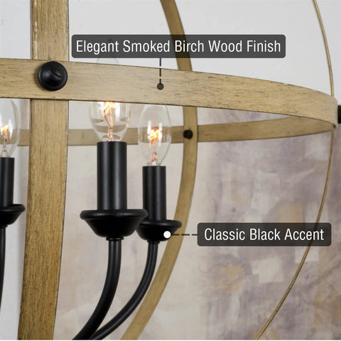 Close-up of Harmon 27 Inch Six Light Dope Modern Farmhouse Armillary Chandelier with smoked birch wood and black accents.