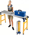 Adjustable Height Workbench Built Like A Tank With Heavy Duty Carbon Steel And A Massive 1250 Pound Load Rating Folding Shop Table Glides Effortlessly On Four Ball Bearing Casters For Weekend Garage Warriors with toolbox and tools.