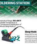 Details of soldering process with 2 In 1 Soldering And Hot Air Station Kit, showing LCD display and sleep mode features.