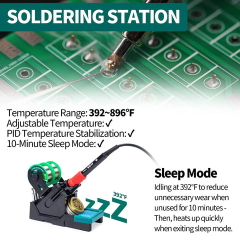 Details of soldering process with 2 In 1 Soldering And Hot Air Station Kit, showing LCD display and sleep mode features.