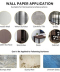 Faux Wood Peel And Stick Wallpaper For DIY Projects application guide showing suitable surfaces like wall, metal, tile, and more.