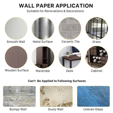 Faux Wood Peel And Stick Wallpaper For DIY Projects application guide showing suitable surfaces like wall, metal, tile, and more.