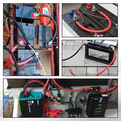 Heavy Duty 2 Awg Battery Cable Featuring Pure Copper Construction Tinned Lug Connectors And Flexible Pvc Insulation For Automotive Solar Marine Red And Black Setup Badass Durability connected to batteries and charger.