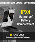 Cordless Stick Water Transfer Pump 740 GPH with IPX4 waterproof battery compartment, compatible with 20V max battery.