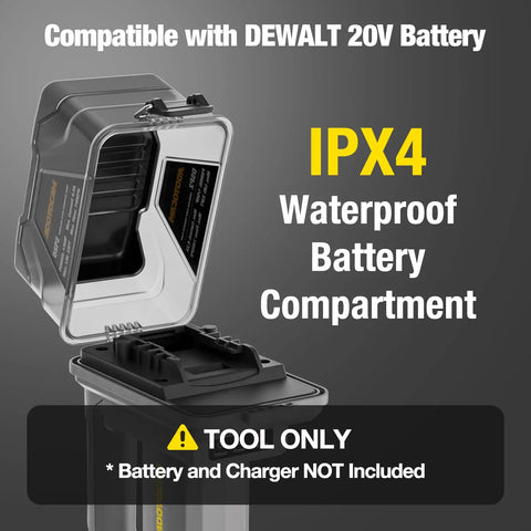 Cordless Stick Water Transfer Pump 740 GPH with IPX4 waterproof battery compartment, compatible with 20V max battery.