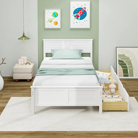 Solid Wood Twin Platform Bed With Two Smooth Rolling Storage Drawers And A Clean White Headboard in a cozy bedroom setting.