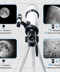 80mm 600mm Telescope For Adults And Beginners With Altazimuth Mount Dope Eyepieces 25mm And 10mm 3x Barlow Lens 24x To 180x Magnification Moon And Planets Ready Easy Setup Stargazing Kit, front view