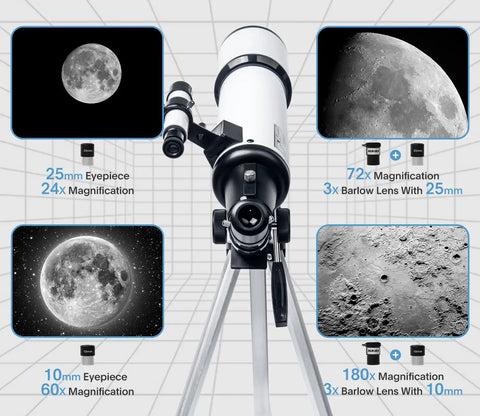 80mm 600mm Telescope For Adults And Beginners With Altazimuth Mount Dope Eyepieces 25mm And 10mm 3x Barlow Lens 24x To 180x Magnification Moon And Planets Ready Easy Setup Stargazing Kit, front view