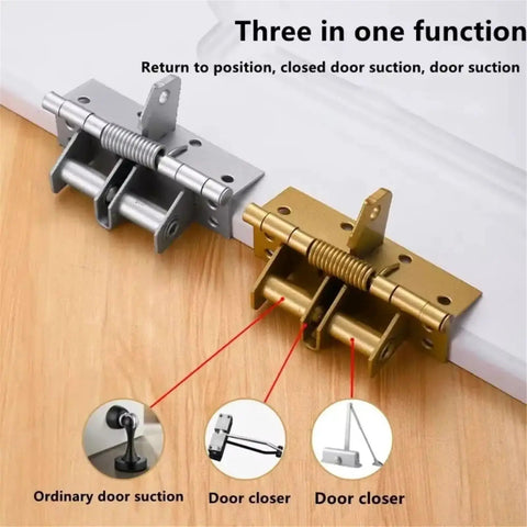 90 Degree Right Angle Door Closer Kit With Silent Auto Close, silver and gold hinges on wood surface