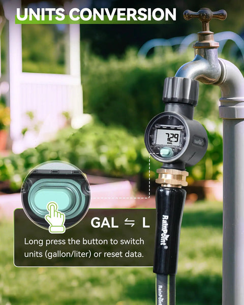 Super Handy Water Flow Meter With Five Percent Accuracy For RVs, Garden Hoses, Pools, Lawn Sprinklers And Nozzle Sprayers attached to faucet