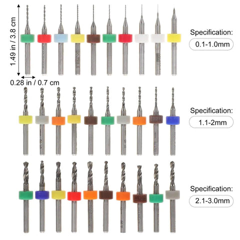 Dope Carbide Micro Drill Bits Set For Jewelry Making And PCB Engraving 30 Pieces Assorted Sizes 0.1 To 3.0mm display in rows
