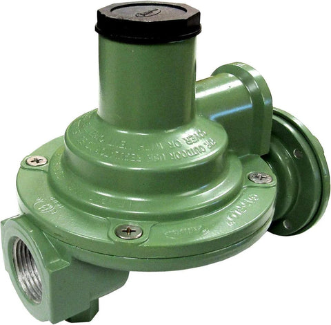 Front view of green Fairview GR-92812C compact second-stage propane regulator with black cap and threaded ports