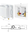 Diagram of washing machine outlet box with 1/2 inch Pex a inlet, 3/4 inch MHT connection, brass ball valves, and stainless steel water hammer arrestor.