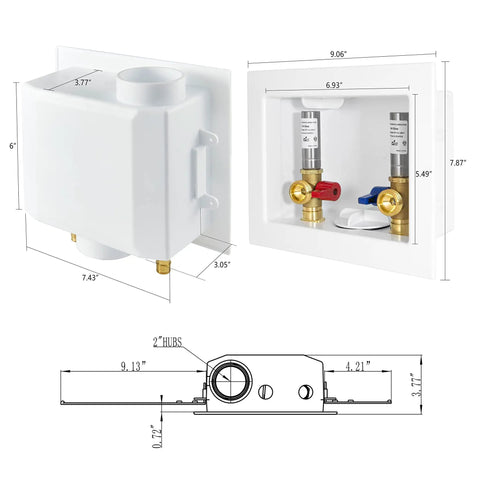 Washing Machine Outlet Box With Center Drain And Stainless Water Hammer Arrestor, 1/2 Inch Push-Fit Inlet To 3/4 Inch MHT Outlet.