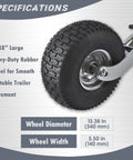 Side-view trailer tongue jack wheel with 13.38-inch heavy-duty rubber tire and silver swivel mount.