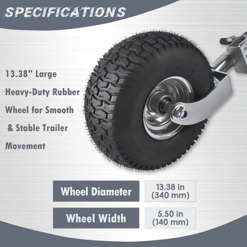 Side-view trailer tongue jack wheel with 13.38-inch heavy-duty rubber tire and silver swivel mount.