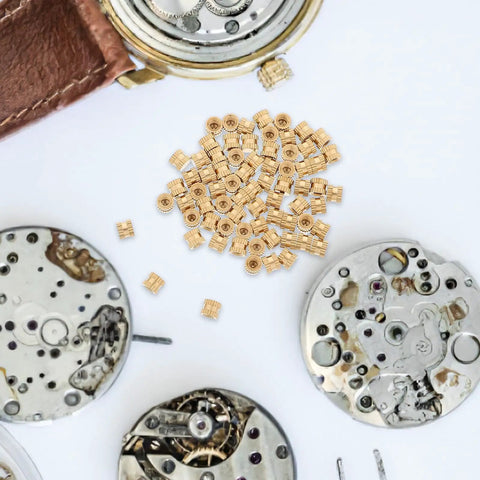 Sixty Piece Heavy Duty Copper Thread Inserts With Knurled Nuts To Keep Pcb Boards And Electronic Panels Rock Solid featuring brass inserts on watch parts.