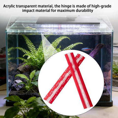 12 Inch Clear Acrylic Piano Hinges 4 Pack Adhesive Continuous Hinges for Aquarium Lids, showcasing hinges and aquarium setting.