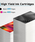 Graphic showing high yield black 650 pages and color 400 pages for 63XL Black And Color Ink Cartridge Combo Pack Easy Swap Replacement.