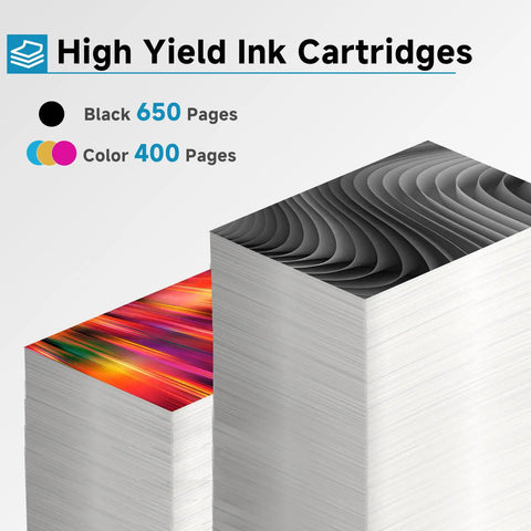 Graphic showing high yield black 650 pages and color 400 pages for 63XL Black And Color Ink Cartridge Combo Pack Easy Swap Replacement.