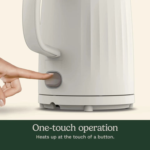 Close-up of finger pressing button on Soho 1-Liter Double Wall Electric Kettle With Stainless Steel Interior One-Touch Boil For Tea.