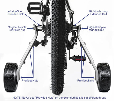 Training Wheels Set For 16 18 20 22 24 Inch Bikes With Steel Adjustable Bracket rear view showing extended bolts and nuts installed
