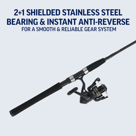 Wrath II 7 Foot Spinning Rod And Reel Combo 3000 Size with stainless steel bearings, black handle grip and visible reel details