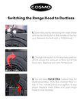 Instructions for installing Replaceable Activated Charcoal Range Hood Filter for 5MU30 and 5MU36, steps 1-3