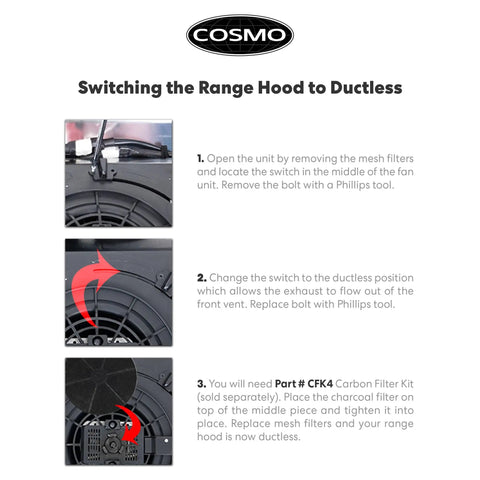 Instructions for installing Replaceable Activated Charcoal Range Hood Filter for 5MU30 and 5MU36, steps 1-3