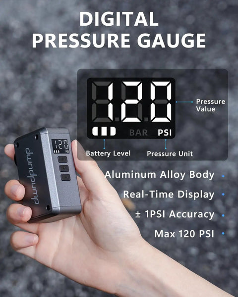 Mini Bike Pump With Gauge And Auto Shut Off For Road And Mountain Bikes On The Go, Rechargeable Portable Air Pump, Presta And Schrader Compatible, 120 PSI, Fast Inflation In 50 Seconds, Waterproof Carry Bag Included