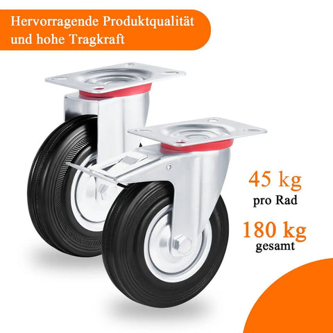 Heavy Duty Caster Wheels 4 Pack With 360 Degree Swivel And Foot Brake Lock showing load capacity and smooth design.