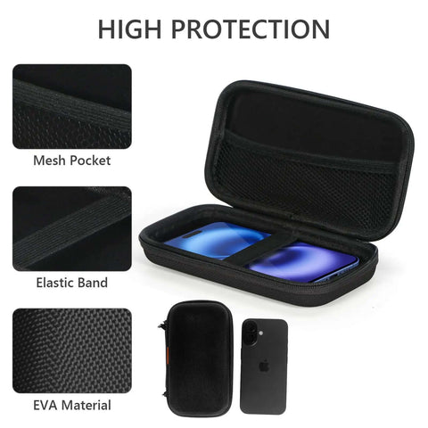 Premium Hella Tough Hard Eva Protective Travel Pouch With Slick Mesh Pocket Black Go Anywhere Heavy Duty Carry Case, zippered open showing phone and mesh pocket.