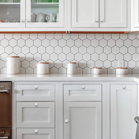 White kitchen with hexagonal backsplash featuring 25 Pack Brushed Nickel Cabinet Knobs And Square Drawer Pulls For Kitchen And Dresser Easy Install Rust Resistant Silver Hardware For Cabinets Drawers And Furniture Sleek Farmhouse Modern Look