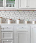 Five Pack Brushed Nickel Square Cabinet Knobs And Kitchen Drawer Pulls Hella Durable Rust Resistant Hardware For The Modern Farmhouse Bathroom Vanity Decor Set on white cabinets.