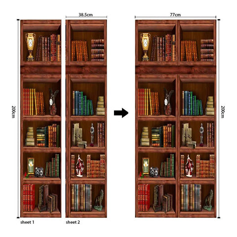 3D Door Mural Wallpaper Stickers Set For Home Decor Self Adhesive And Removable DIY Door Decals Two Piece Large Wall Art Kit For Bedroom Or Living Room Easy Install And Peelable Finish, showcasing a bookshelf design with colorful books and ornaments, size 38.5cm x 200cm each sheet.